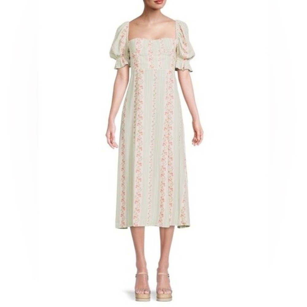 WeWoreWhat Floral Stripe Puff Sleeve Midi Dress Sage Green Pink Size 6